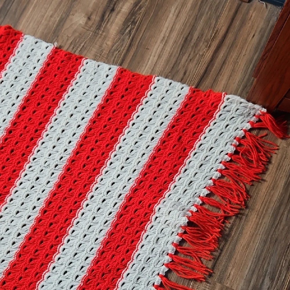 Crochet Handmade Red and White Knitted Throw Blanket
